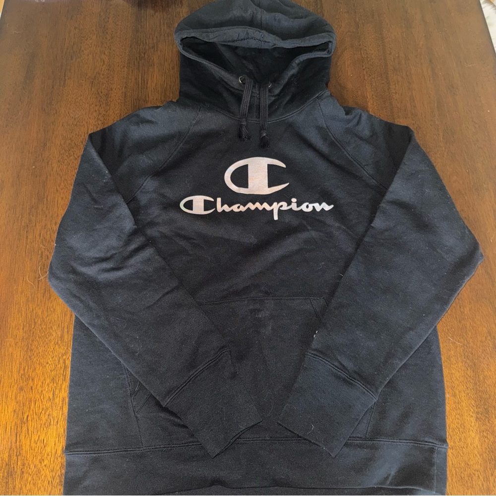 Champion Pullover Hoodie Sweatshirt Black Metallic Script Logo Size Medium